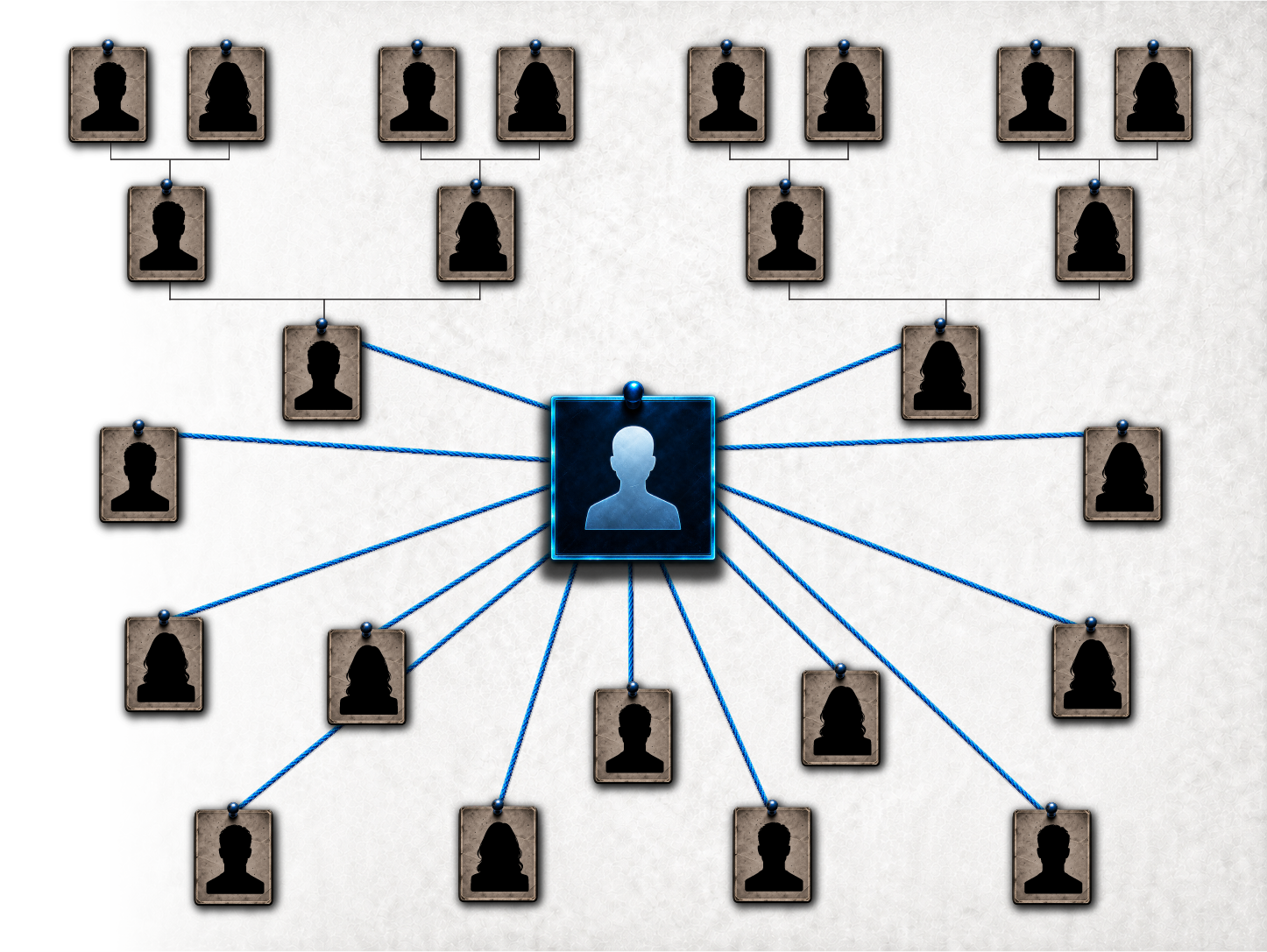 Family tree and genetic connections linking relatives to an unidentified individual